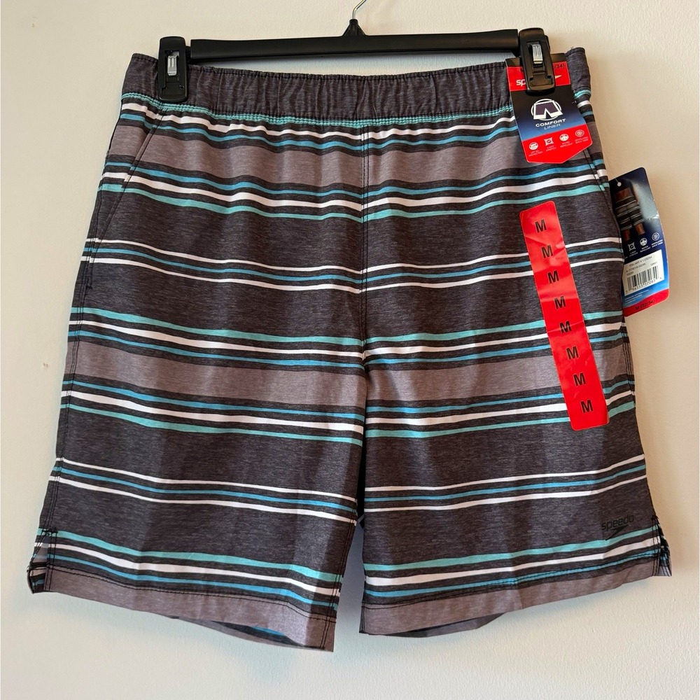 NWT Speedo Tech Volley Men's Swim Shorts M Gray/Blue Striped Comfort Liner